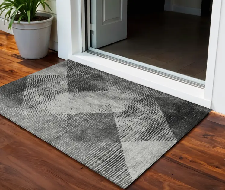3' X 5' Gray And Black Geometric Washable Indoor Outdoor Area Rug