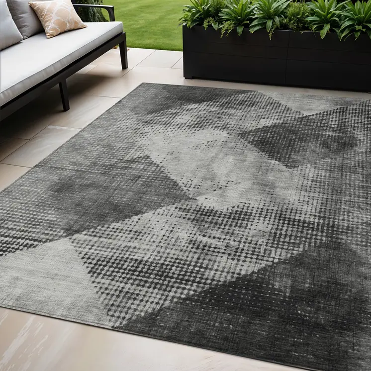 5' X 8' Gray And Black Geometric Washable Indoor Outdoor Area Rug