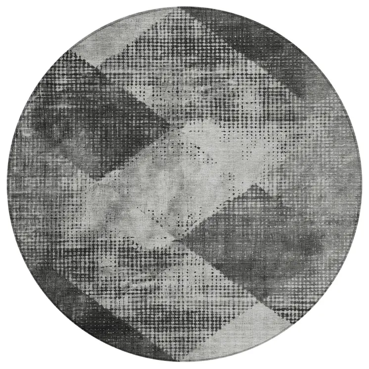 8' Gray And Black Round Geometric Washable Indoor Outdoor Area Rug