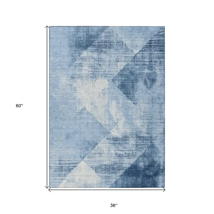 3' X 5' Sky Blue And Ivory Geometric Washable Indoor Outdoor Area Rug