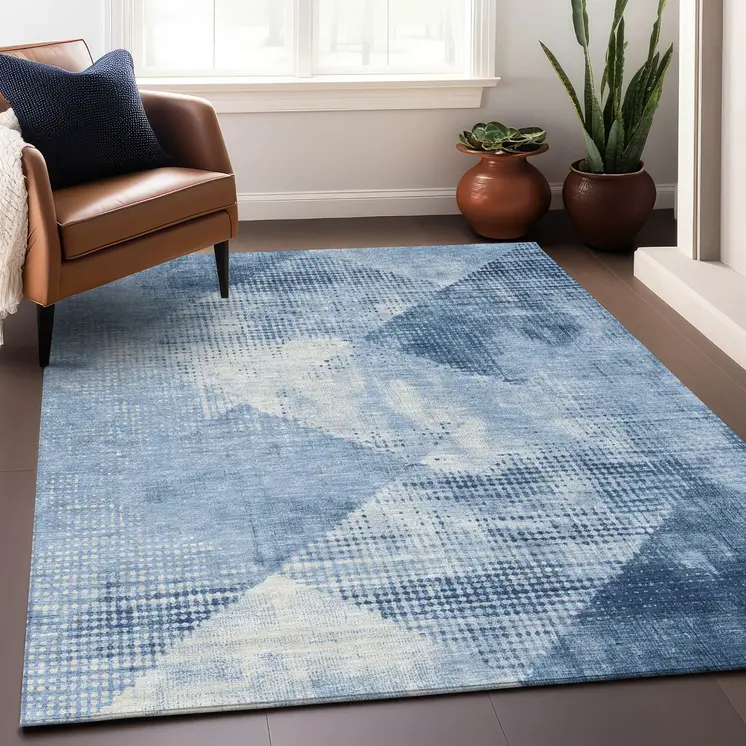 3' X 5' Sky Blue And Ivory Geometric Washable Indoor Outdoor Area Rug