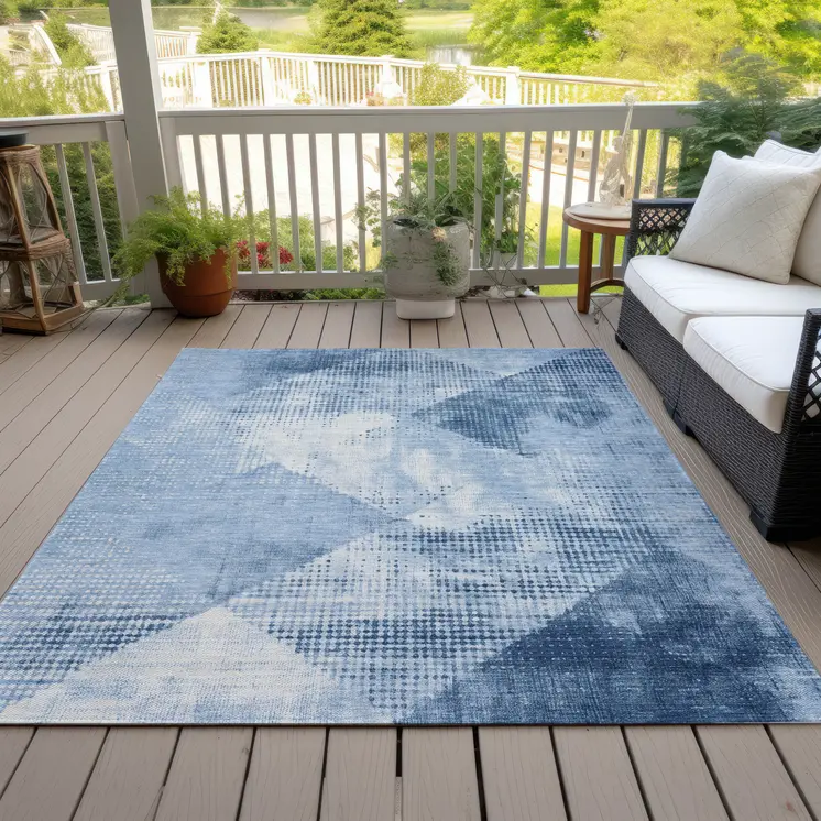 5' X 8' Sky Blue And Ivory Geometric Washable Indoor Outdoor Area Rug