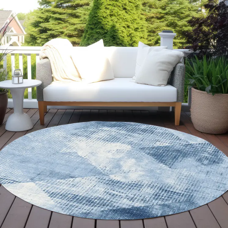 8' Sky Blue And Ivory Round Geometric Washable Indoor Outdoor Area Rug