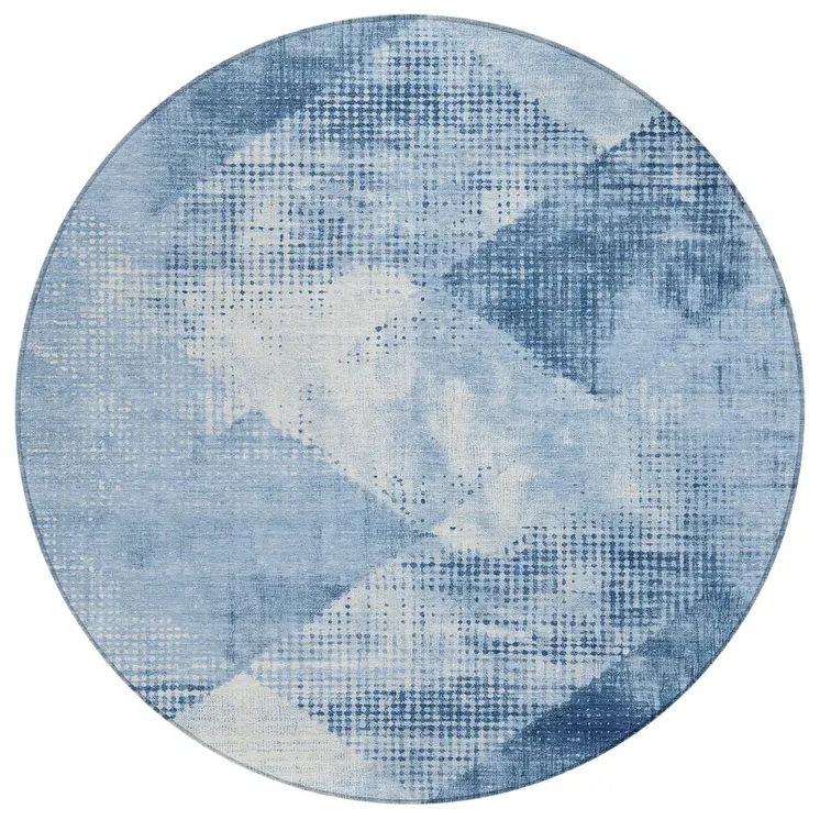 8' Sky Blue And Ivory Round Geometric Washable Indoor Outdoor Area Rug