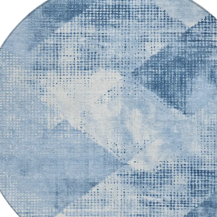 8' Sky Blue And Ivory Round Geometric Washable Indoor Outdoor Area Rug