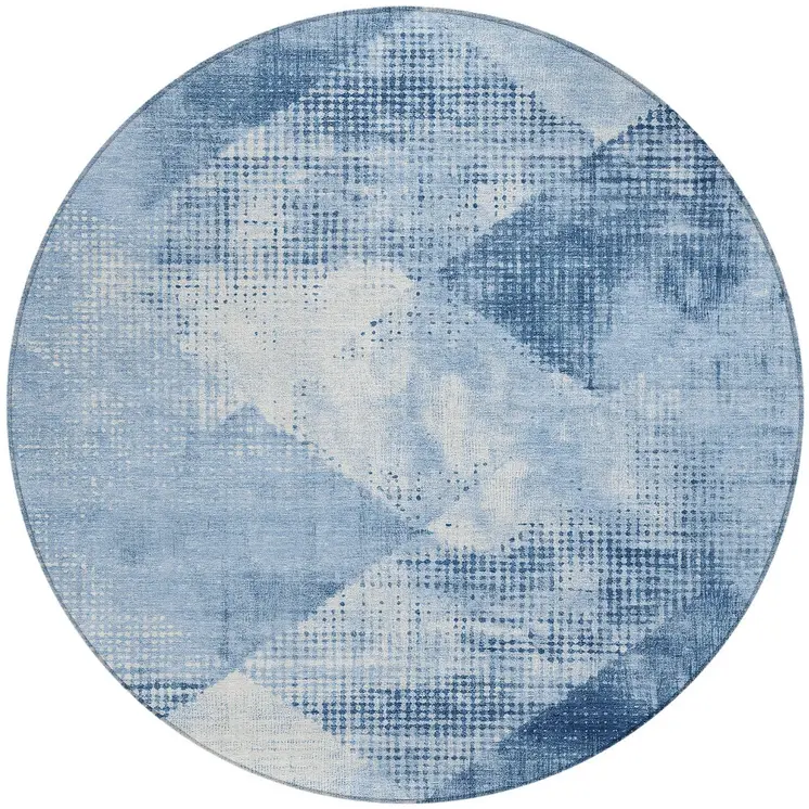 8' Sky Blue And Ivory Round Geometric Washable Indoor Outdoor Area Rug