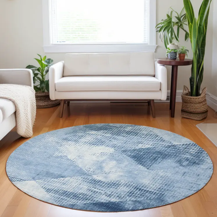 8' Sky Blue And Ivory Round Geometric Washable Indoor Outdoor Area Rug