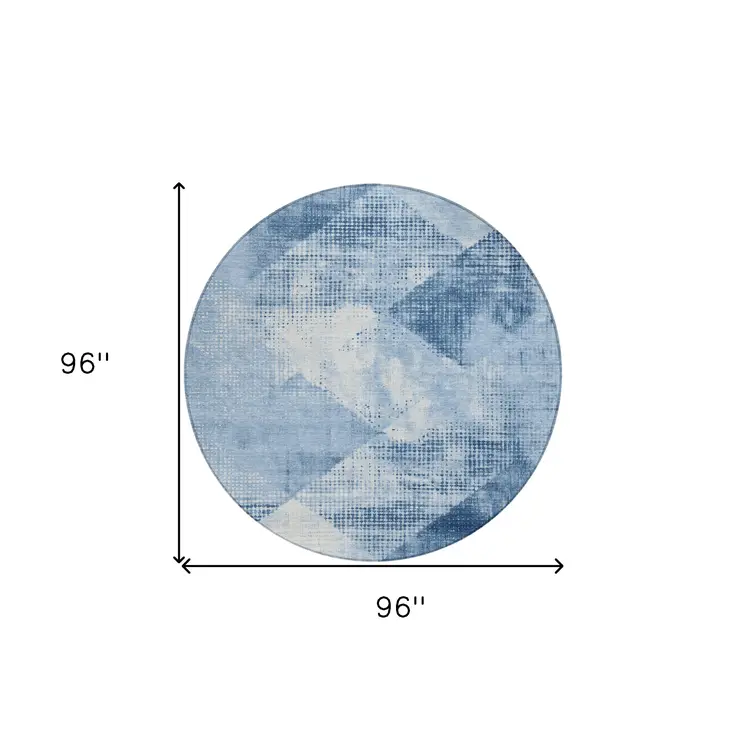 8' Sky Blue And Ivory Round Geometric Washable Indoor Outdoor Area Rug