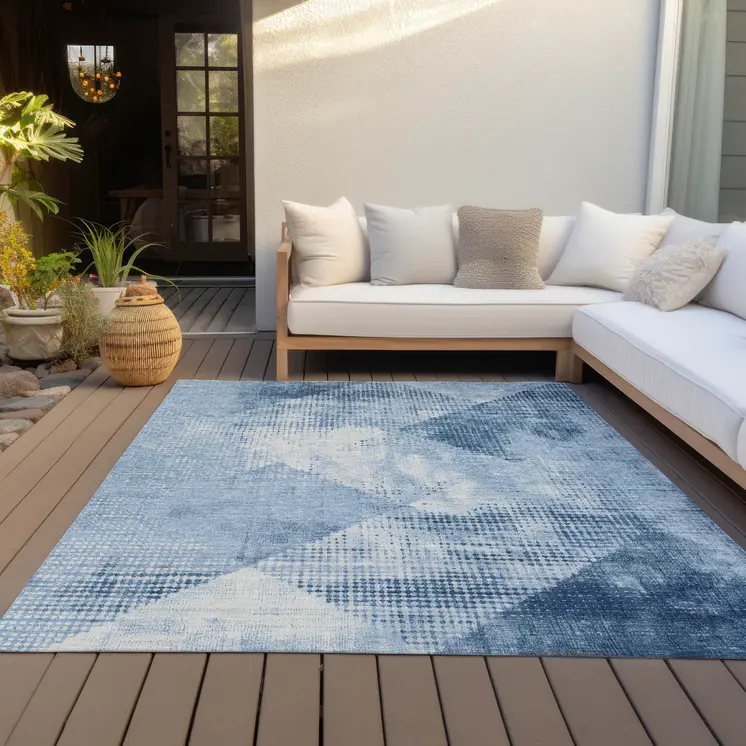 8' X 10' Sky Blue And Ivory Geometric Washable Indoor Outdoor Area Rug
