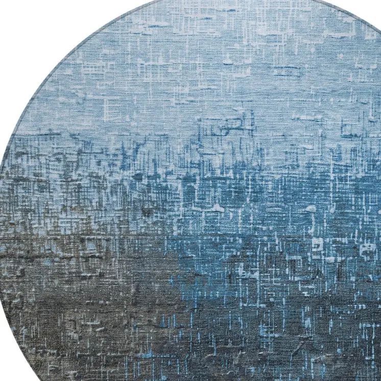 8' Blue And Dark Gray Round Ombre Washable Indoor Outdoor Area Rug