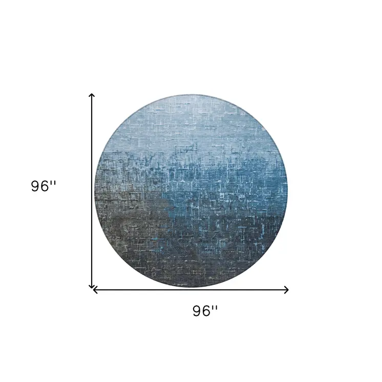 8' Blue And Dark Gray Round Ombre Washable Indoor Outdoor Area Rug