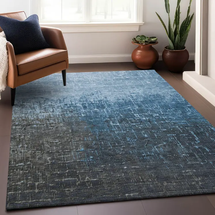 8' X 10' Blue And Dark Gray Ombre Washable Indoor Outdoor Area Rug