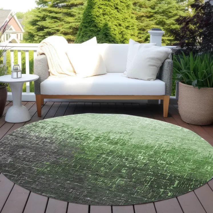 8' Green And Dark Gray Round Ombre Washable Indoor Outdoor Area Rug