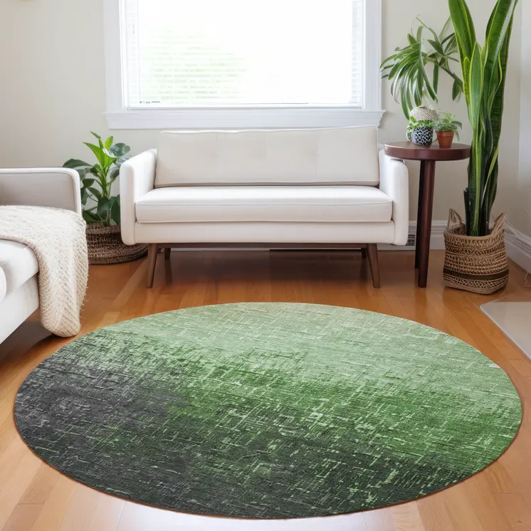 8' Green And Dark Gray Round Ombre Washable Indoor Outdoor Area Rug