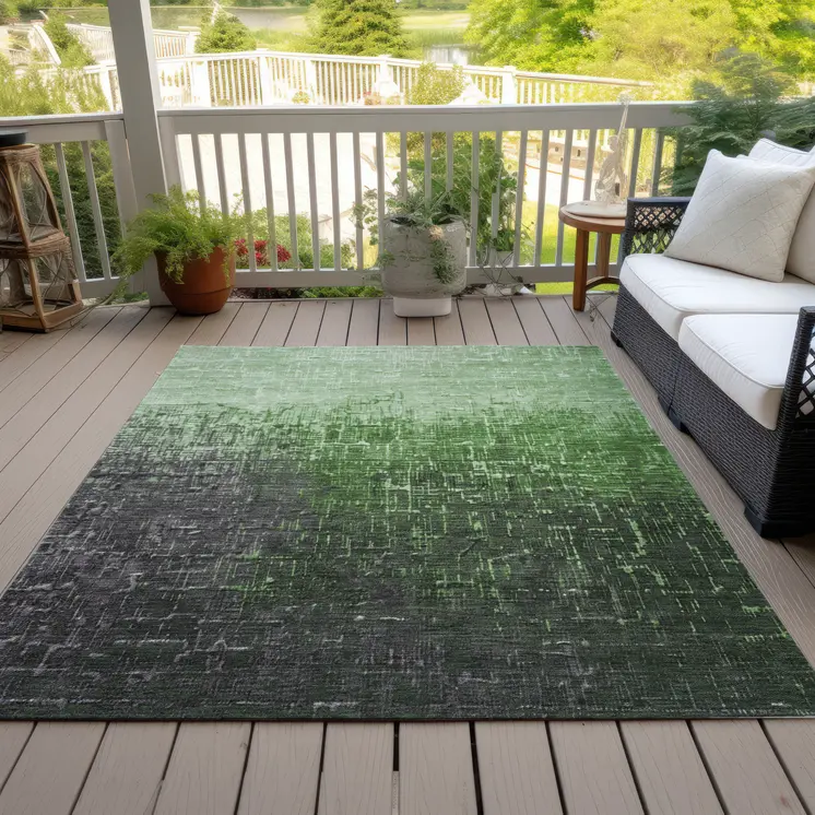 9' X 12' Green And Dark Gray Ombre Washable Indoor Outdoor Area Rug