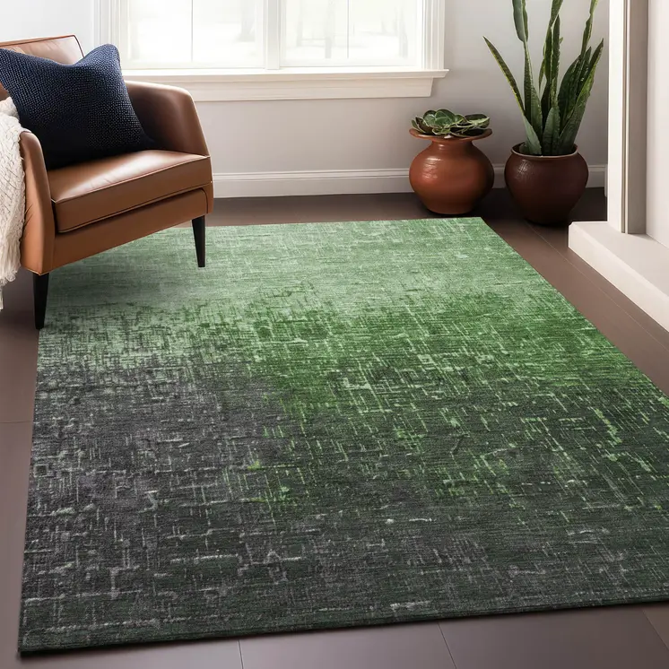9' X 12' Green And Dark Gray Ombre Washable Indoor Outdoor Area Rug