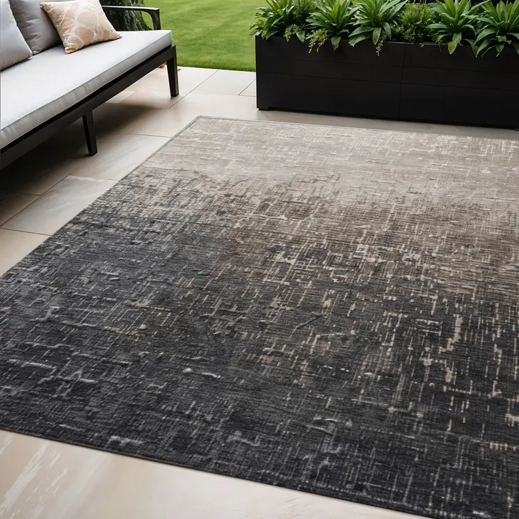 5' X 8' Khaki And Dark Gray Ombre Washable Indoor Outdoor Area Rug