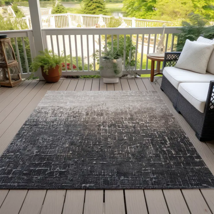 9' X 12' Khaki And Dark Gray Ombre Washable Indoor Outdoor Area Rug