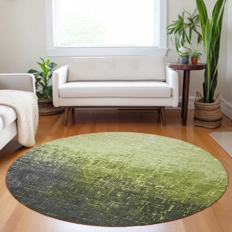 8' Lime Green And Dark Gray Round Ombre Washable Indoor Outdoor Area Rug