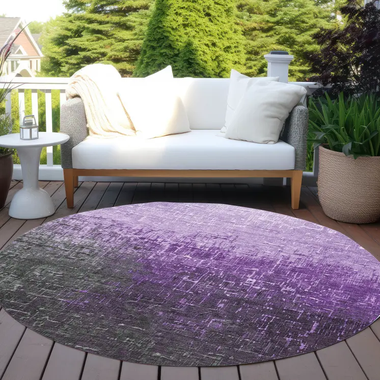 8' Purple And Dark Gray Round Ombre Washable Indoor Outdoor Area Rug