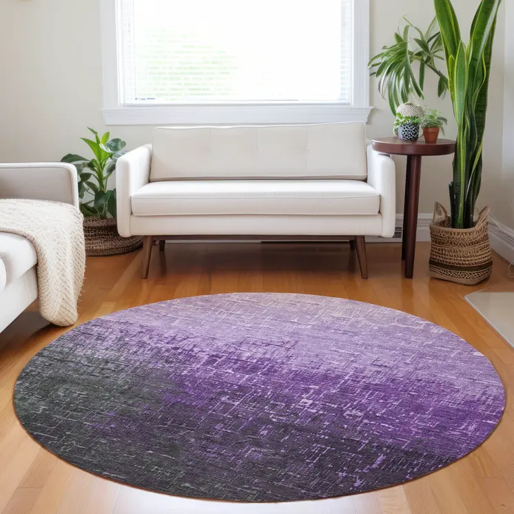 8' Purple And Dark Gray Round Ombre Washable Indoor Outdoor Area Rug