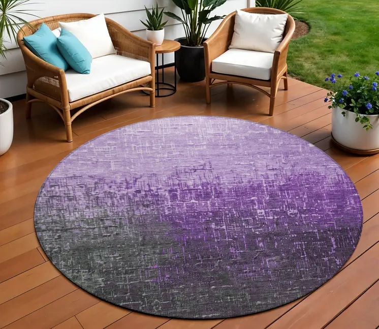 8' Purple And Dark Gray Round Ombre Washable Indoor Outdoor Area Rug