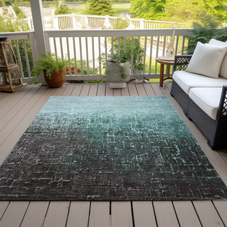 3' X 5' Teal Blue And Dark Gray Ombre Washable Indoor Outdoor Area Rug