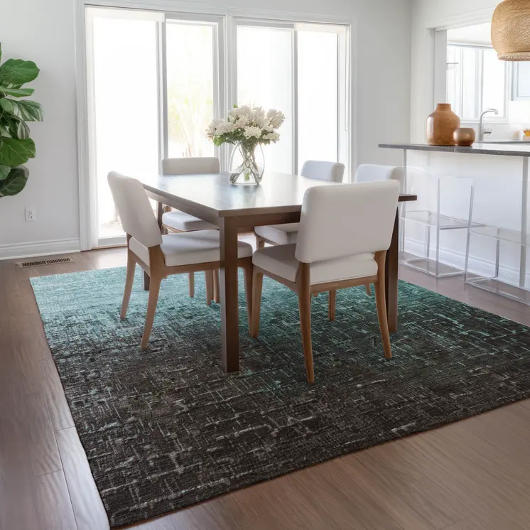 5' X 8' Teal Blue And Dark Gray Ombre Washable Indoor Outdoor Area Rug