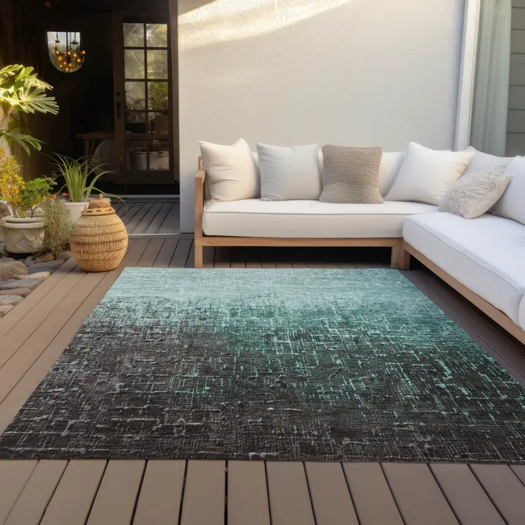 5' X 8' Teal Blue And Dark Gray Ombre Washable Indoor Outdoor Area Rug