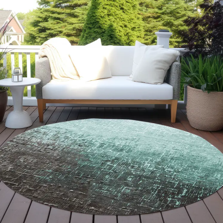8' Teal Blue And Dark Gray Round Ombre Washable Indoor Outdoor Area Rug