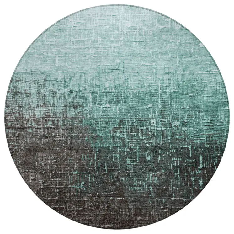 8' Teal Blue And Dark Gray Round Ombre Washable Indoor Outdoor Area Rug