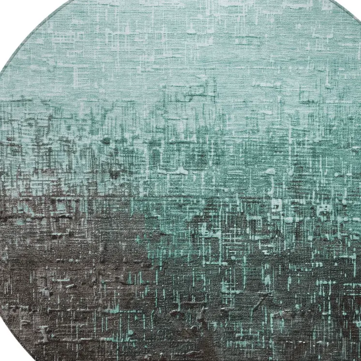8' Teal Blue And Dark Gray Round Ombre Washable Indoor Outdoor Area Rug