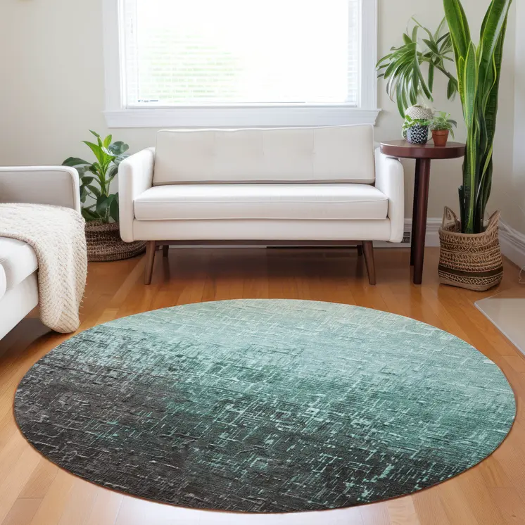 8' Teal Blue And Dark Gray Round Ombre Washable Indoor Outdoor Area Rug