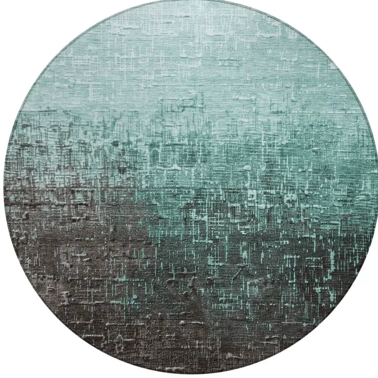 8' Teal Blue And Dark Gray Round Ombre Washable Indoor Outdoor Area Rug