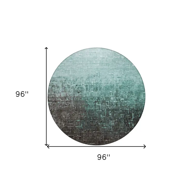 8' Teal Blue And Dark Gray Round Ombre Washable Indoor Outdoor Area Rug