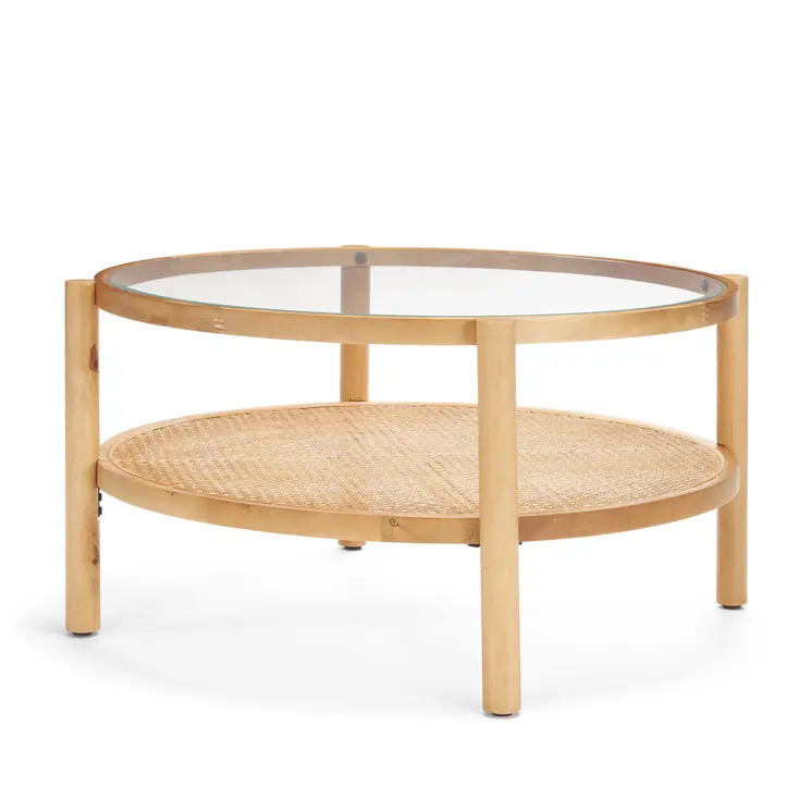 34" Clear and Natural Glass and Solid Wood Round Coffee Table With Shelf