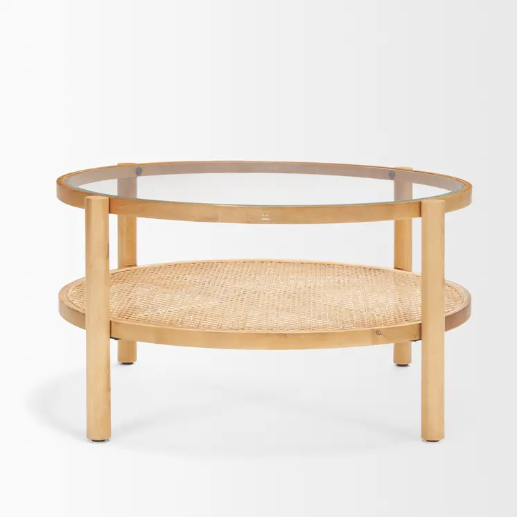 34" Clear and Natural Glass and Solid Wood Round Coffee Table With Shelf