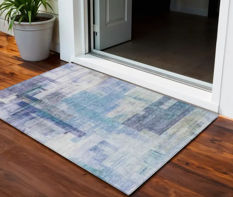 3' X 5' Blue Ivory And Gray Abstract Washable Indoor Outdoor Area Rug