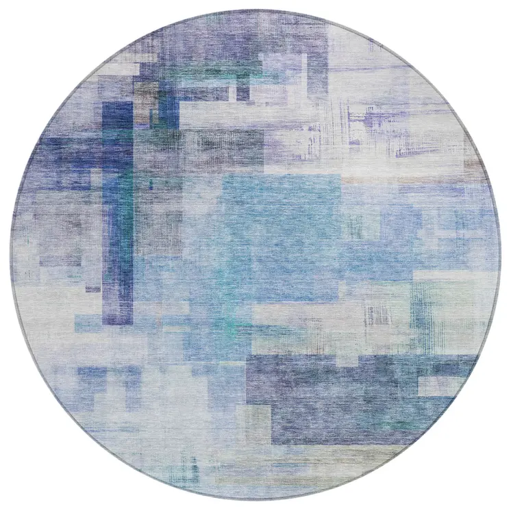 8' Blue Ivory And Gray Round Abstract Washable Indoor Outdoor Area Rug