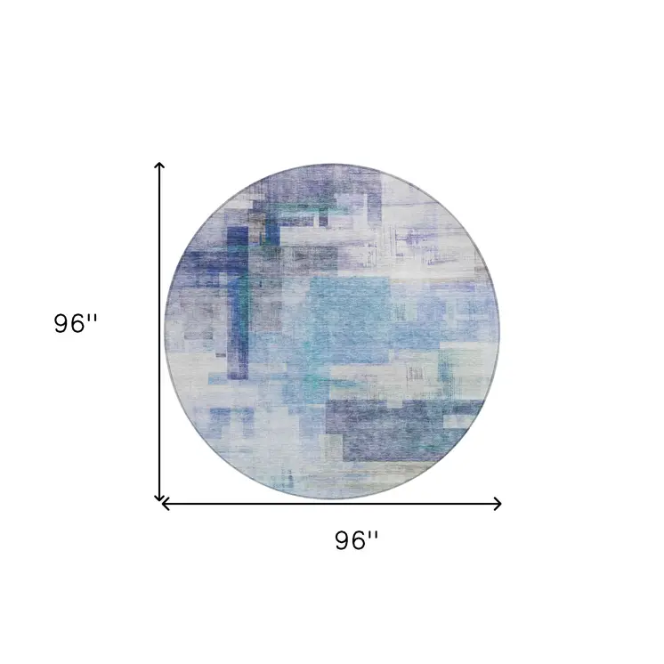 8' Blue Ivory And Gray Round Abstract Washable Indoor Outdoor Area Rug
