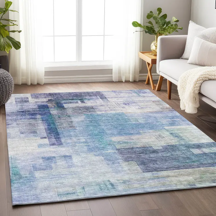 8' X 10' Blue Ivory And Gray Abstract Washable Indoor Outdoor Area Rug