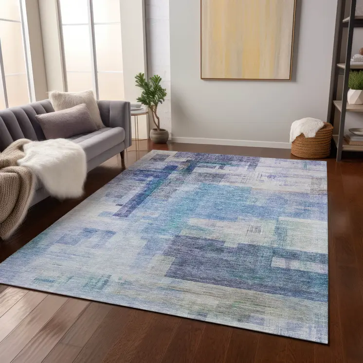 8' X 10' Blue Ivory And Gray Abstract Washable Indoor Outdoor Area Rug