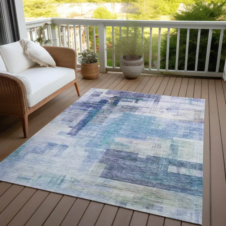 10' X 14' Blue Ivory And Gray Abstract Washable Indoor Outdoor Area Rug