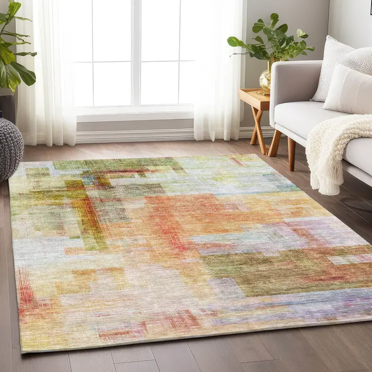 3' X 5' Coral Blue And Green Abstract Washable Indoor Outdoor Area Rug