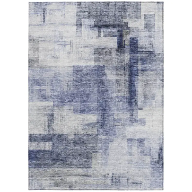 3' X 5' Denim Blue And Ivory Abstract Washable Indoor Outdoor Area Rug