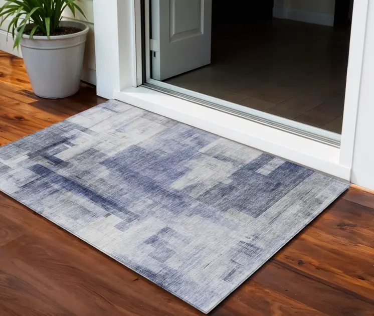 3' X 5' Denim Blue And Ivory Abstract Washable Indoor Outdoor Area Rug