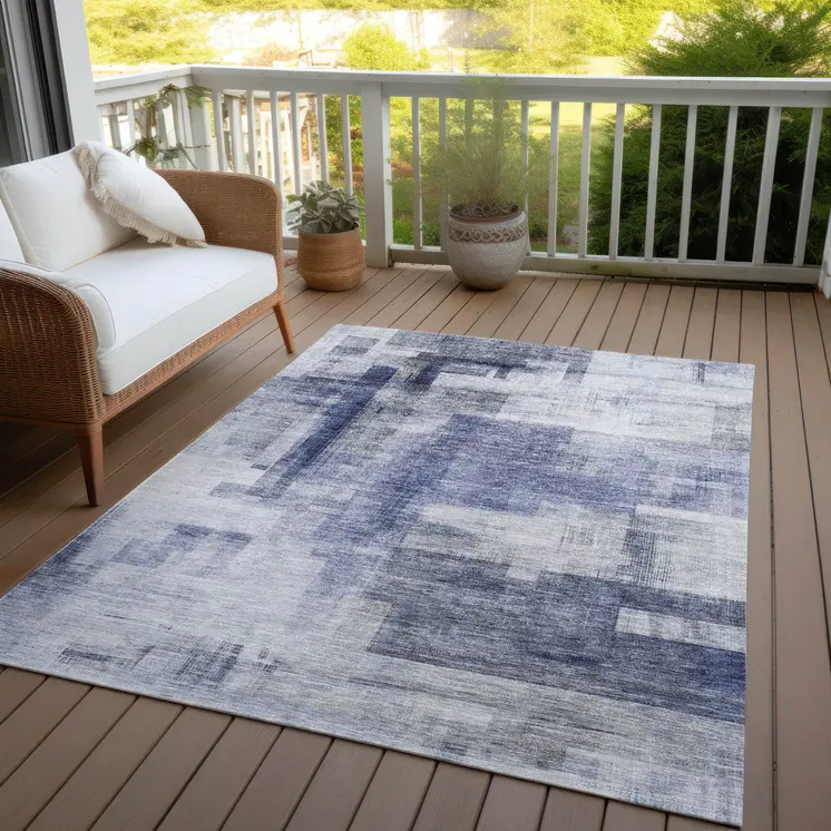 3' X 5' Denim Blue And Ivory Abstract Washable Indoor Outdoor Area Rug
