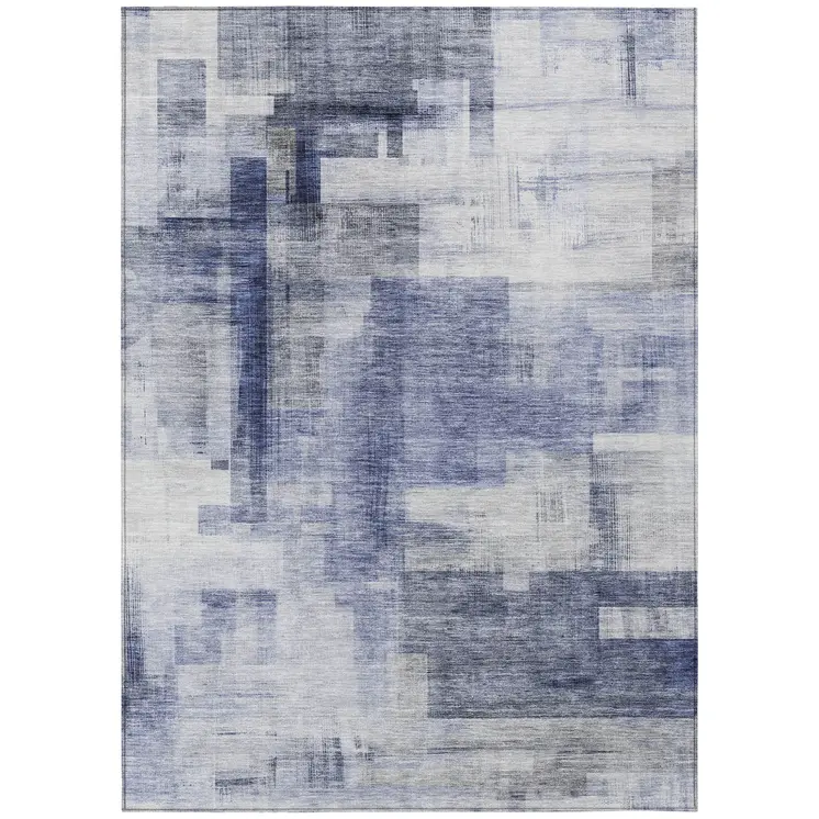 3' X 5' Denim Blue And Ivory Abstract Washable Indoor Outdoor Area Rug