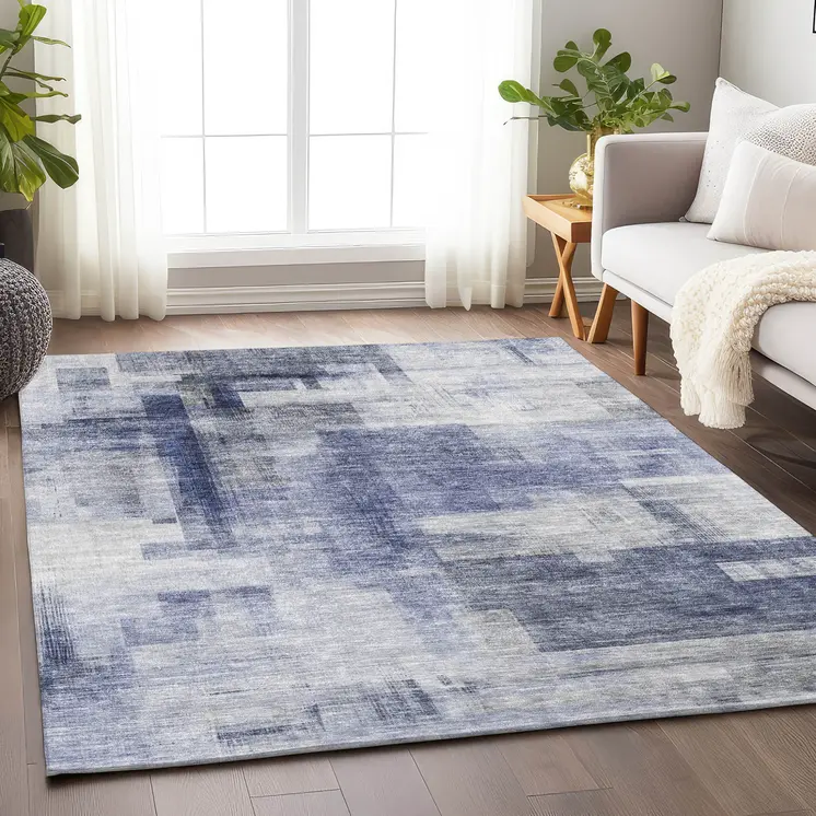 3' X 5' Denim Blue And Ivory Abstract Washable Indoor Outdoor Area Rug