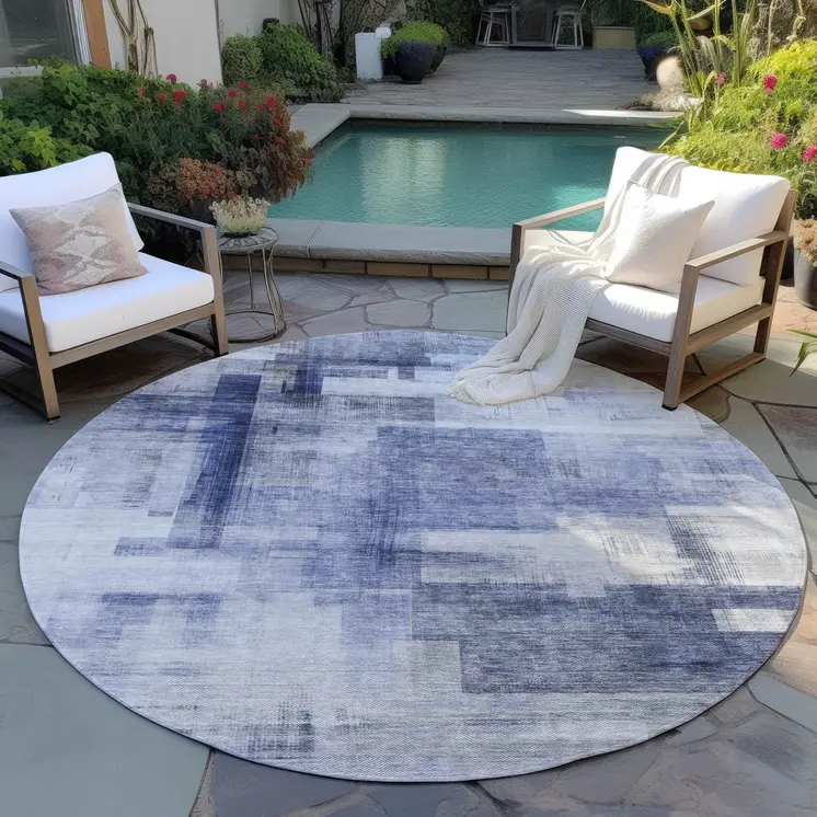8' Denim Blue And Ivory Round Abstract Washable Indoor Outdoor Area Rug